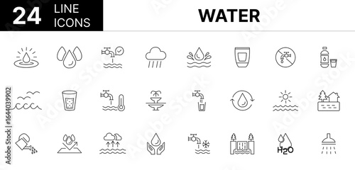 Collection of 24 Water, line icons featuring editable strokes. These outline icons depict various modes of Water, dripped rain, tap water, waterproof, shower set, 