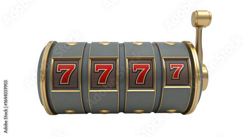 Slot machine reels showing four sevens isolated on transparent background