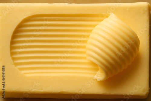 Close up of fresh butter curl resting on smooth block of butter with ribbed texture Concept of dairy food cooking and kitchen ingredient
