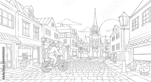 A charming line art illustration of a cyclist riding through a historic European town on a cobblestone street.