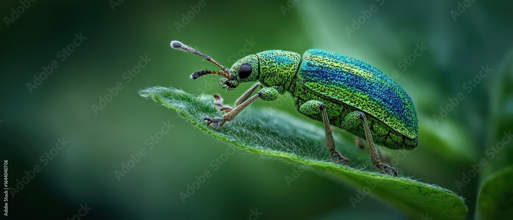 Naklejka premium The stunning green beetle perched on a vibrant leaf in nature.