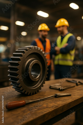 Large Industrial Gear on Workbench with Wrench and Greasy Rag inside Factory Workshop