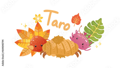 Cute taro root vegetable with kawaii fruit and leaves illustration for healthy food and recipe designs