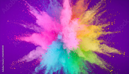 Pastel Rainbow Powder Explosion on Purple Background Generative AI.motion, abstract, background, burst, colourful, colours, exploding, explosion, glowing, graphic, horizontal, rainbow, splashing, 