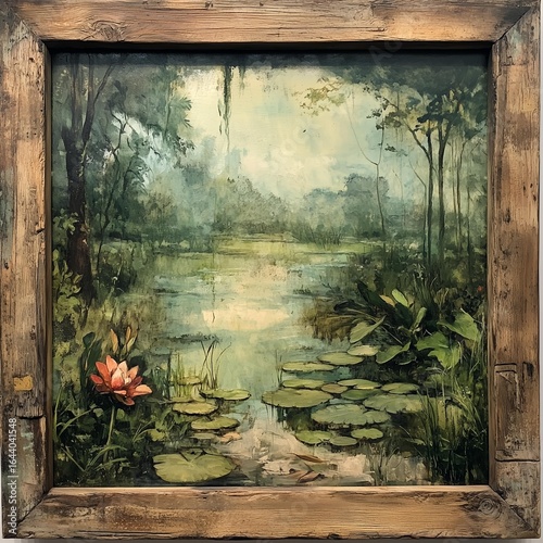 Serene Jungle Pond Still Life in Wooden Frame