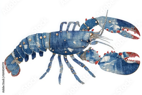 Denim patchwork lobster with bead embroidery and stitched segments, nautical textile collage on white background