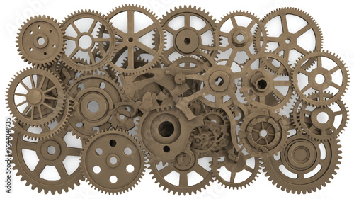 Complex arrangement of interlocking gears and cogs symbolizing industrial processes and mechanical engineering on a clean white background
