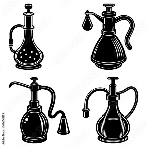Illustration of four vintage style insecticide sprayers with different designs and nozzle configurations shown
