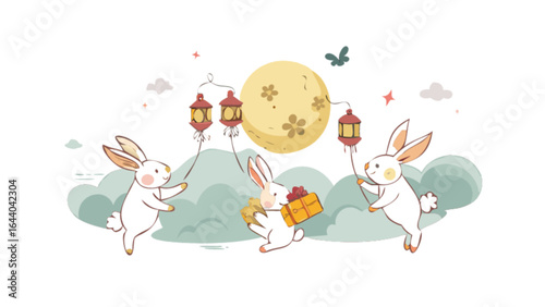 Mid autumn festival celebration with cute rabbits lanterns and moon illustration vector design template art 100