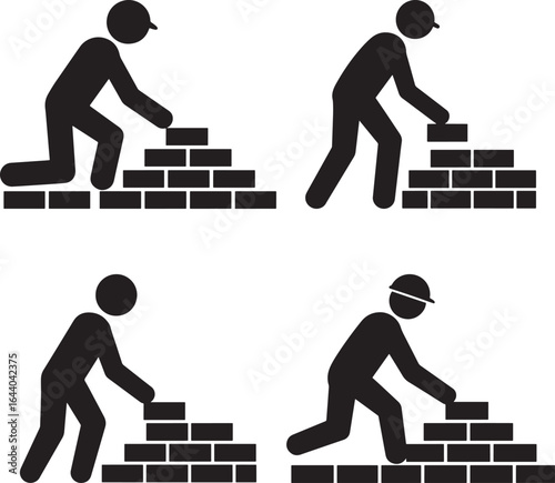 Four stick figure builders in silhouette constructing brick walls with tools and safety helmets