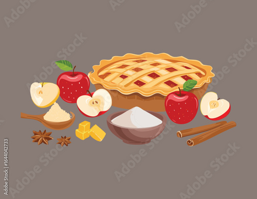 Baked Apple Pie with Apples, Strawberries and Spices - Vector Illustration