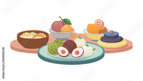 Delicious desserts and fruits still life illustration for food blog and culinary art design projects use case
