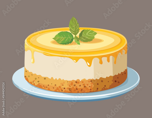 A Whole Cheesecake Topped with Golden Honey and Mint - Vector Illustration

