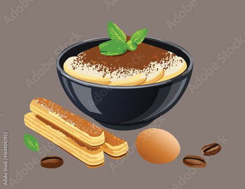 Ingredients for Making Tiramisu Dessert with Mint - Vector Illustration