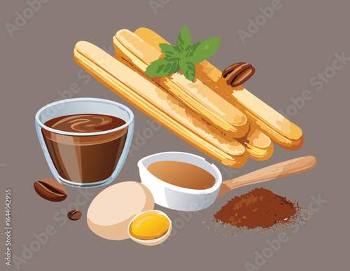 Ingredients for Making Tiramisu Dessert with Coffee - Vector Illustration