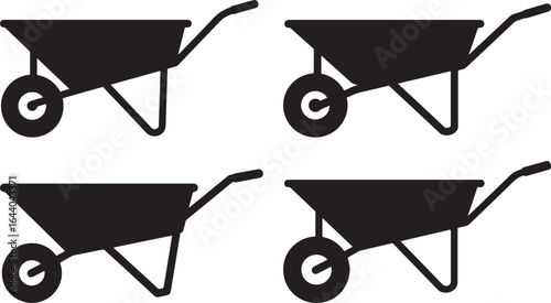 Four identical black silhouettes of garden wheelbarrows arranged in a grid pattern