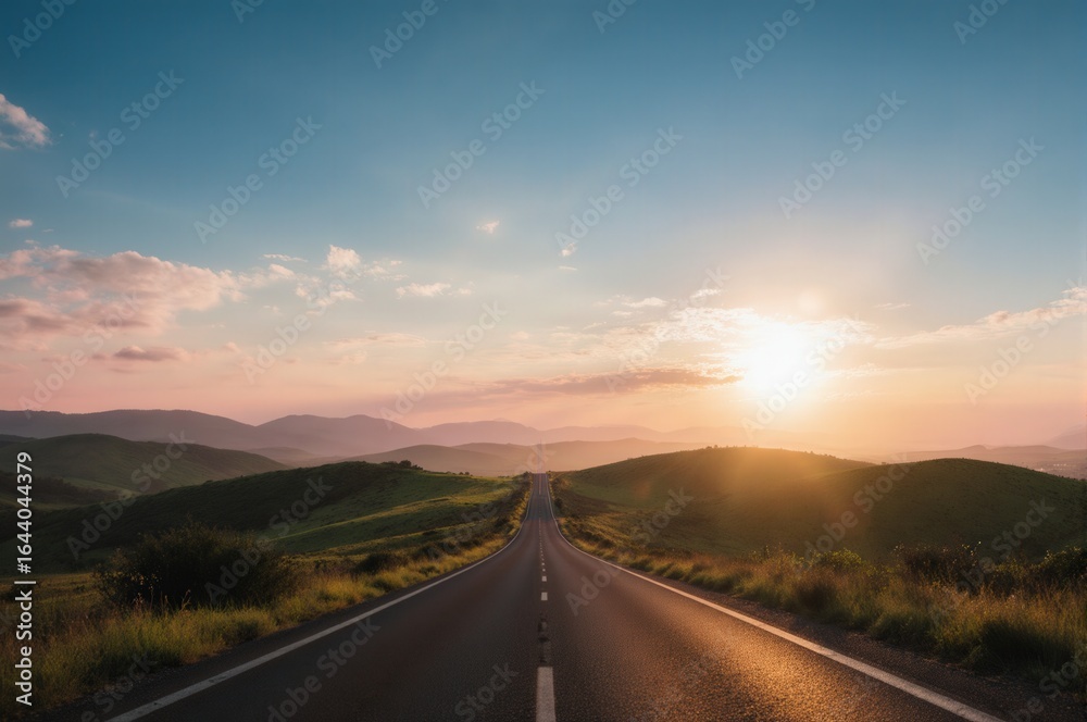 Fototapeta premium Sunset Over a Winding Road Through Rolling Hills