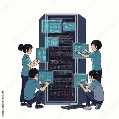 A team of dedicated IT professionals meticulously manages a complex server rack, ensuring optimal data flow and system integrity within a modern digital infrastructure.
