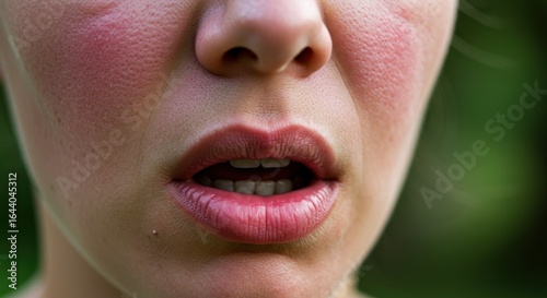 Closeup of a persons face with red cheeks and open mouth