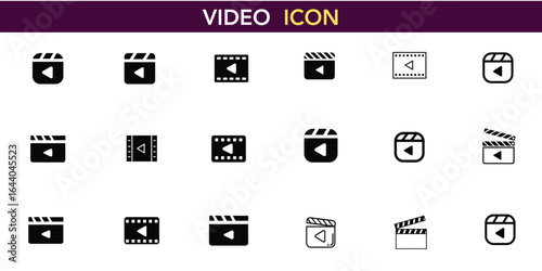 Video Icons Vector Set - Play Button Film Symbols, Movie Cinema Graphics, Streaming Media Players, Content Creation Tools, Entertainment Multimedia Elements