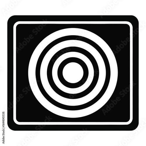 Black and white concentric circles within a rounded square frame abstract