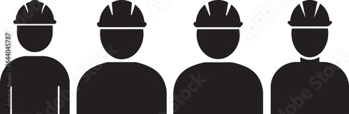 Four construction workers in hard hats standing in a row silhouette