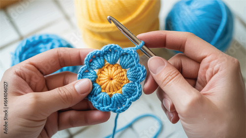 Crocheting a Colorful Flower Motif Close Up Crafting Project with Yarn and Hook Hobby Supplies and Tools Artistic Creation Process