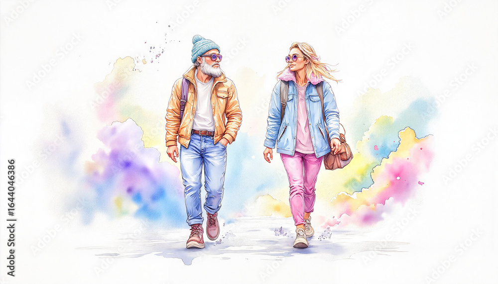 Fototapeta premium Watercolor image shows a man with a beard and a blonde woman walking forward, wearing jackets and casual attire, with a painterly background, to be used for travel blogs.