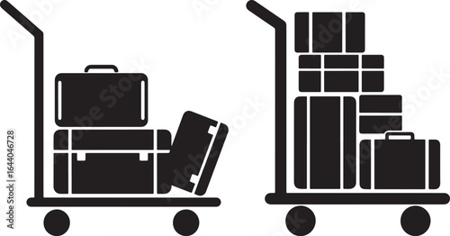 Two luggage carts loaded with stacked suitcases in a simple black silhouette