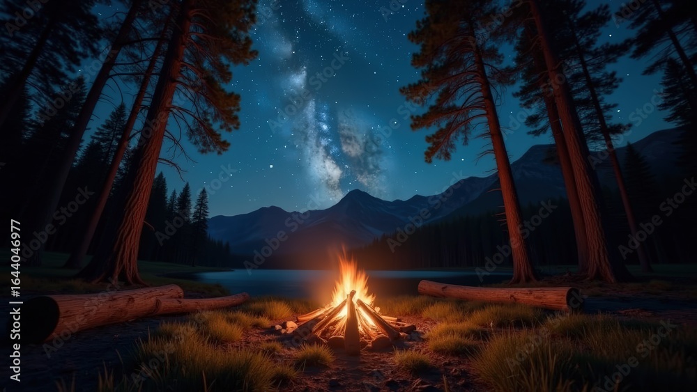 Fototapeta premium Campfire under the Milky Way in a dense forest