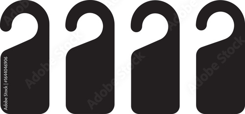 Four black door hanger tags in a row isolated on a white background silhouette
