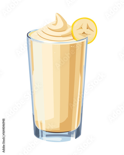 A Glass of Banana Smoothie with a Slice of Banana on Rim - Vector Illustration