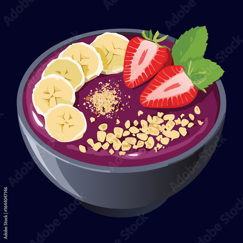 Healthy and delicious acai smoothie bowl with fresh strawberries and sliced bananas - Vector Illustration