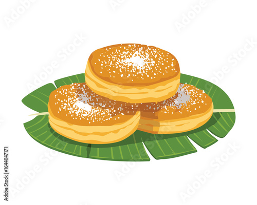 A delicious stack of fluffy pancakes with fresh banana toppings on a green leaf - Vector Illustration