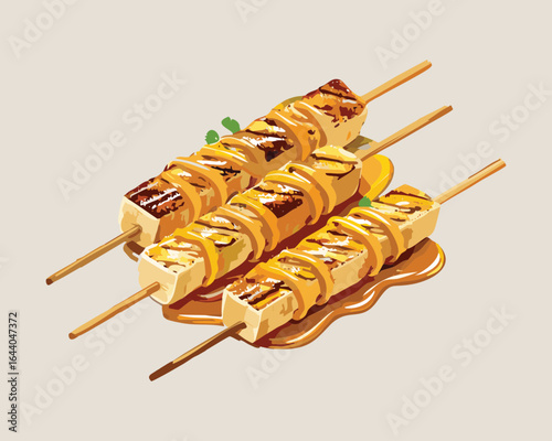 Sweet grilled banana skewers with delicious toppings and a glossy honey drizzle - Vector Illustration