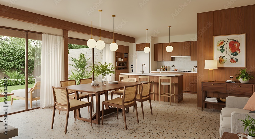Fototapeta premium Modern open dining room connected to kitchen, walnut table