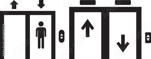 Two elevators with directional arrows and a person silhouette inside one silhouette