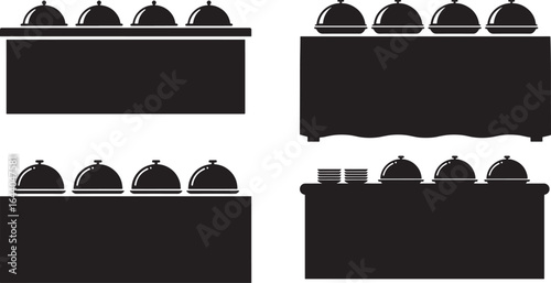 Four distinct black silhouettes of buffet tables with food covered by silver cloches silhouette