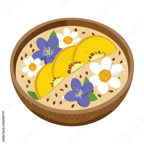 A Bowl of Oatmeal with Kiwi and Flowers - Vector Illustration