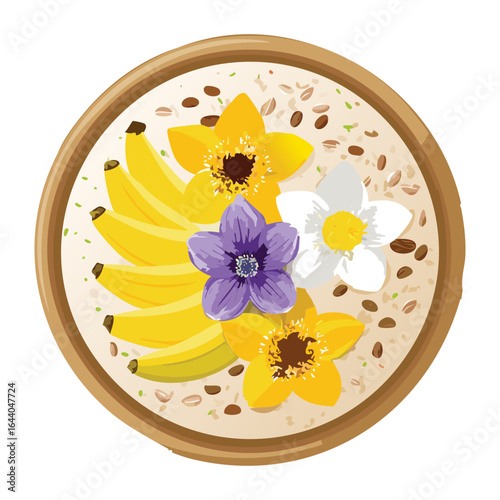 A Bowl of Oatmeal with Flowers and Fruit - Vector Illustration