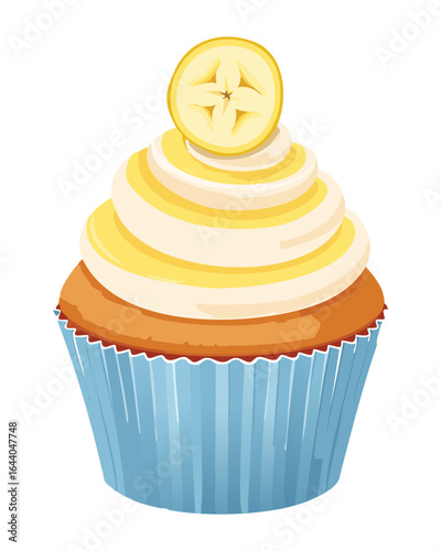 Banana Cupcake with Cream and a Banana Slice - Vector Illustration