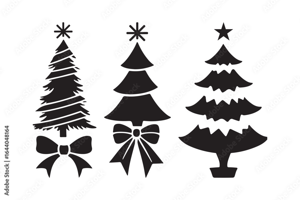Obraz premium Three stylized black christmas trees with bows and stars