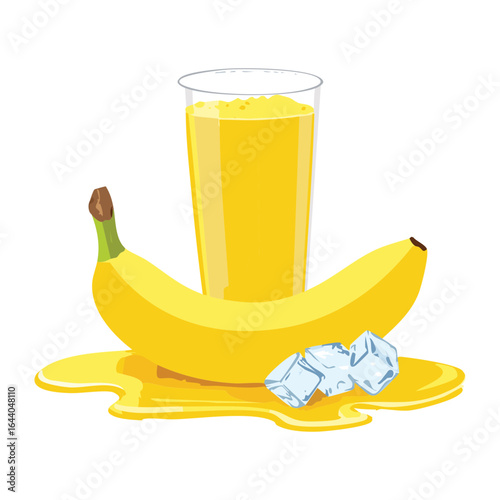 A Glass of Banana Juice and a Whole Ripe Banana - Vector Illustration