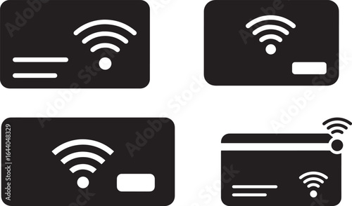 Four black credit card icons with contactless payment symbols silhouette