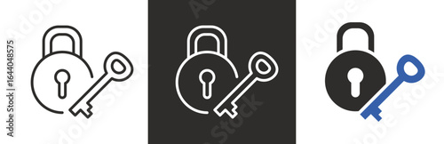 flat and linear set icons, close padlock, key with lock icon, simple symbols on white and black background - editable stroke vector illustration