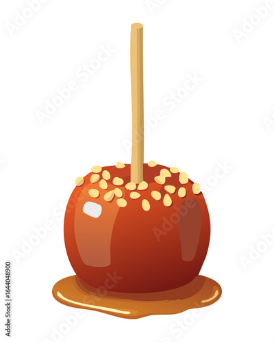 A Caramel Dipped Apple with Crushed Nuts on a White Background - Vector Illustration

