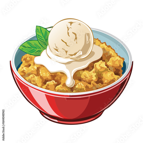 Warm Breakfast Cereal with a Scoop of Ice Cream and Herbs - Vector Illustration