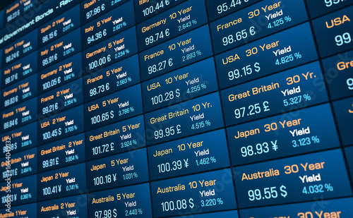 Global bond market yield and prices, international government bonds. Financial markets, investment, debt, analyzing, data. 3D illustration