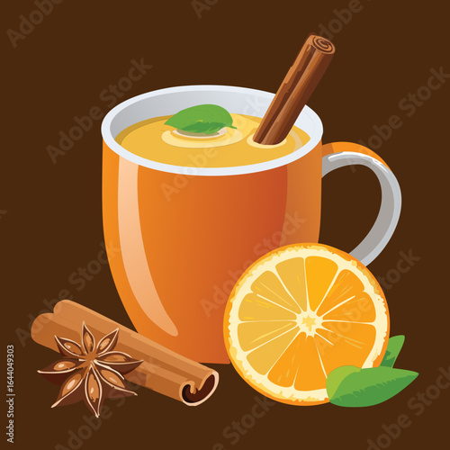 Spiced Hot Drink with Orange and Cinnamon - Vector Illustration