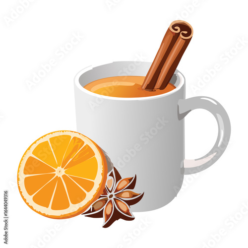Hot Tea with Orange Slice and Spices - Vector Illustration